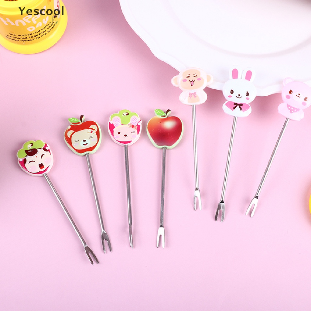 Yescool 1 Set Garpu Buah / Dessert Bahan Stainless Steel Desain Hewan Warna Pelangi Dengan Toples Penyimpanan