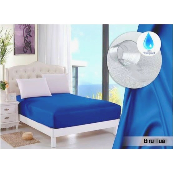 Theora Sprei Waterproof Anti Air Polos Biru Tua | Sprei Saja Tanpa Sarban Sargul | Sprei Waterproof Anti Bocor | Seprai Waterproof Tahan Air Ompol Pipis
