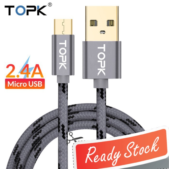 Grab Medan TOPK Kabel Charger Micro USB Braided 1 Meter 2.4A - AN09 - Dark Gray