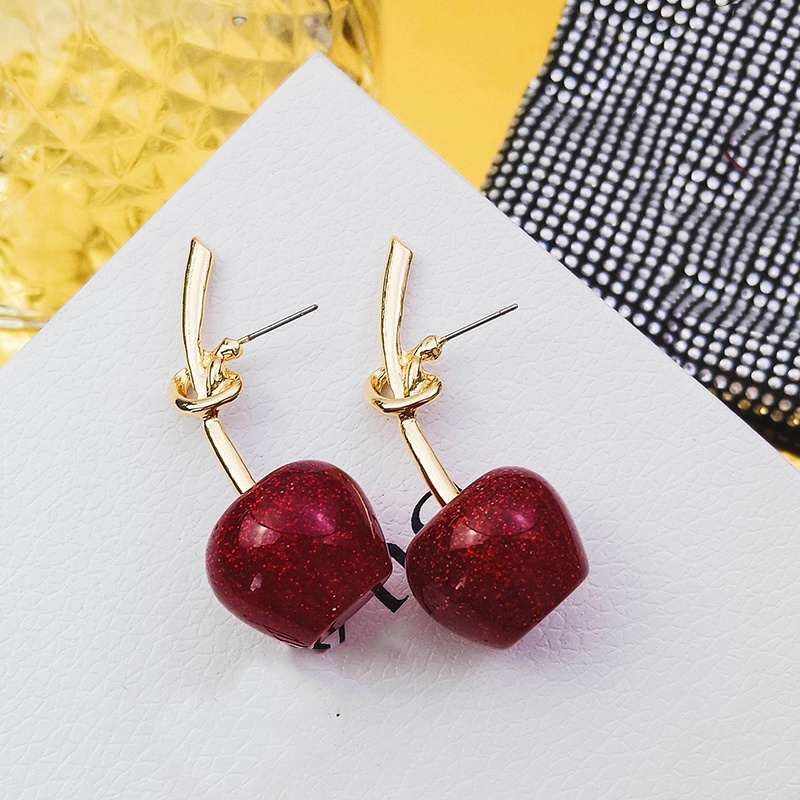 Anting Stud Panjang Desain Cherry Merah Bahan 925 Silver Needle Gaya Hipster Korea Untuk Wanita