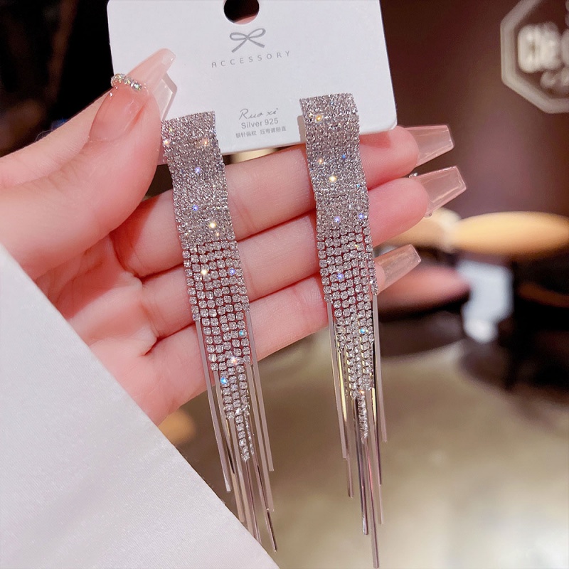 XiaoboACC Anting Gantung Panjang Tusuk Silver Sterling 925 Aksen Zircon + Rumbai Untuk Perhiasan Wanita
