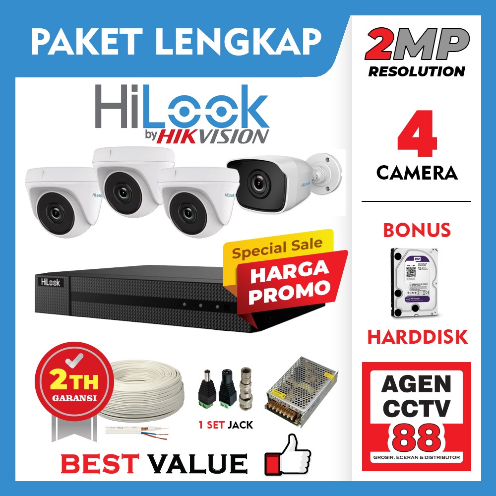 Paket CCTV HILOOK 4CH 4 Channel Kamera Full HD 2MP LENGKAP +Kabel +HDD