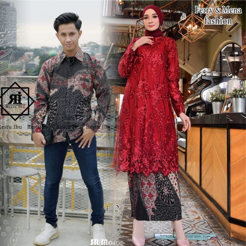 Couple kebaya tunik dengan kemeja batik//couple keluarga batik//kebaya tunik jumbo//kebaya modern