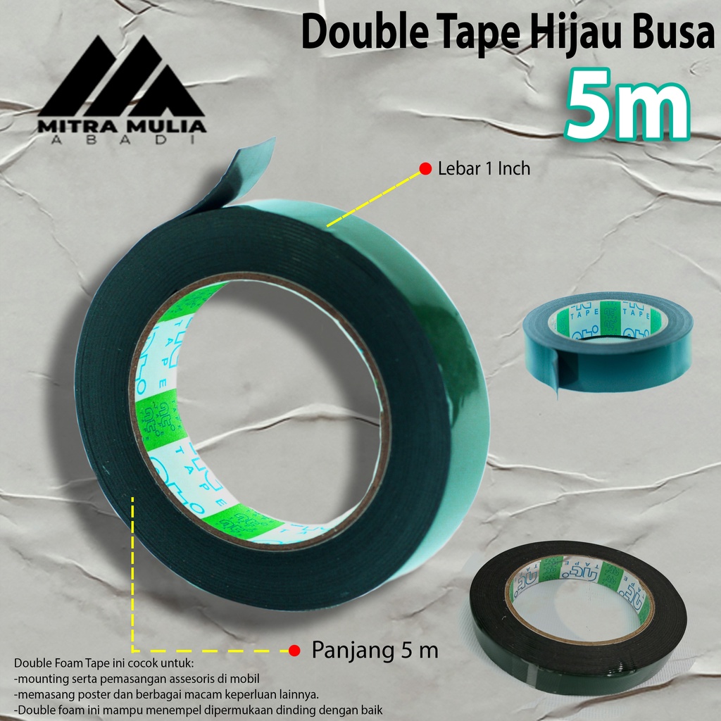 Perekat Lem-Double Tape Hijau Busa l 1 Inch x 5 Meter Foam