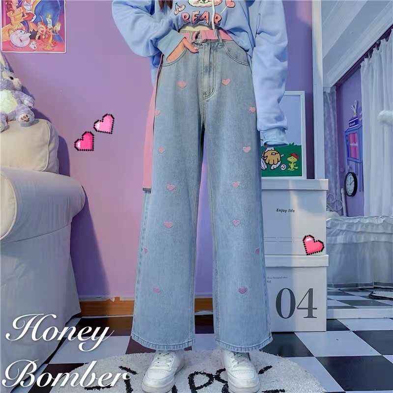 [PO] honey bomber pants | bawahan celana panjang jeans denim motif hati love gaya korea