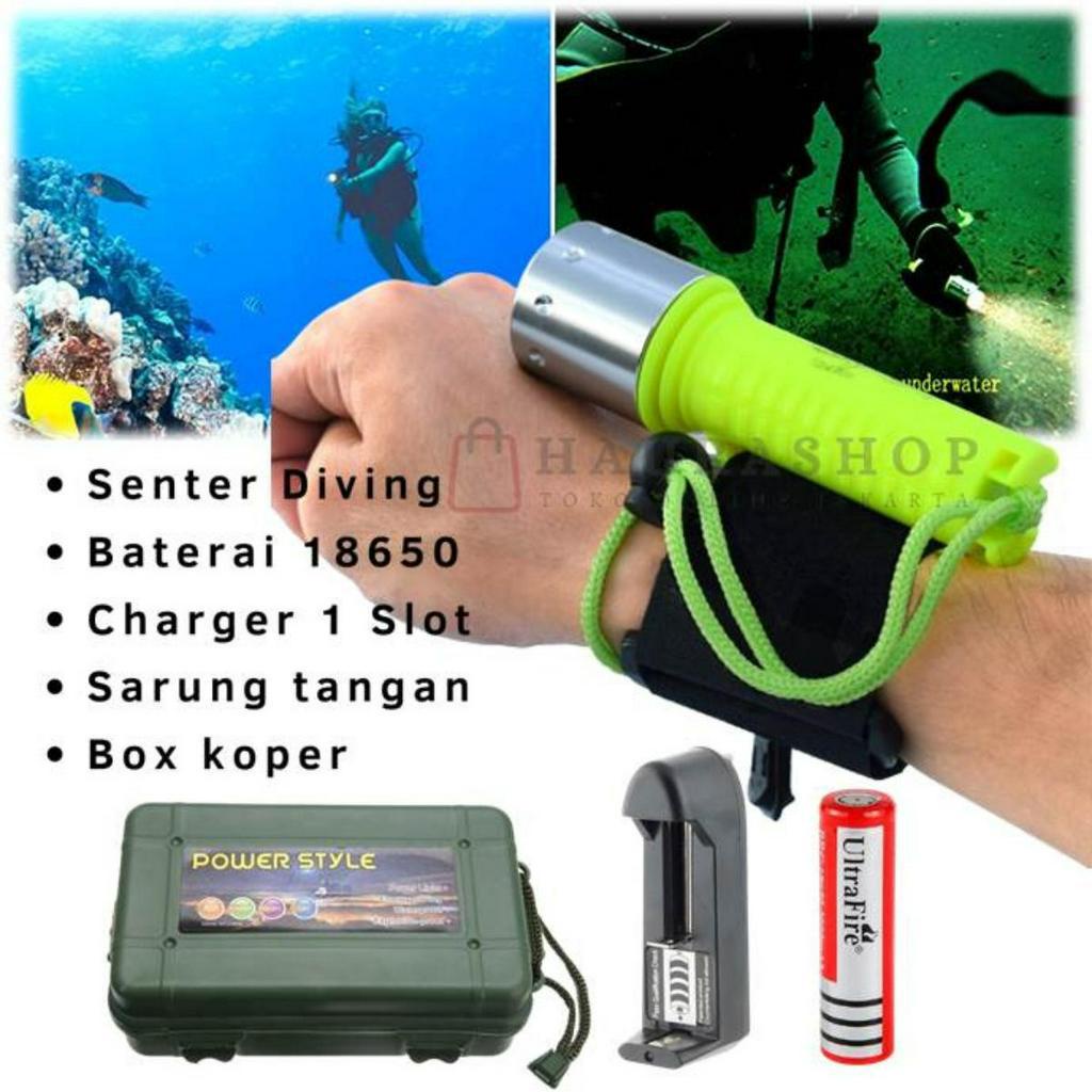 Paket Senter Tangan Selam Diving Air Laut Super Terang Anti Air Cree T6 1 Paket Box Long Da ST-04