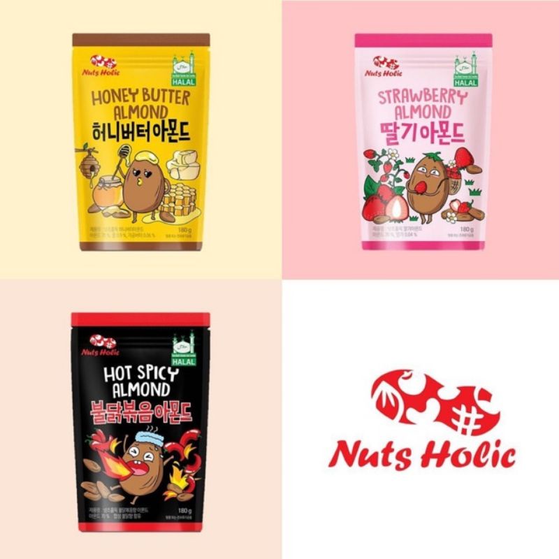 

HONEY BUTTER ALMOND /STRAWBERRY ALMOND /HOT SPICY ALMOND NUTS HOLIC HALAL Ready Stock