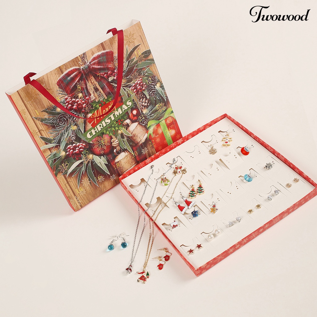 Twowood 1 Set Jewelry Advent Calendar Christmas Tree Elk Pendant Decoration Girls Christmas Element All Match Necklace Earrings Ear Studs for Party