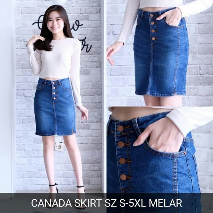 Rok Jeans Pendek Wanita Terbaru Canada Midi Skirt Jeans Kancing Depan -