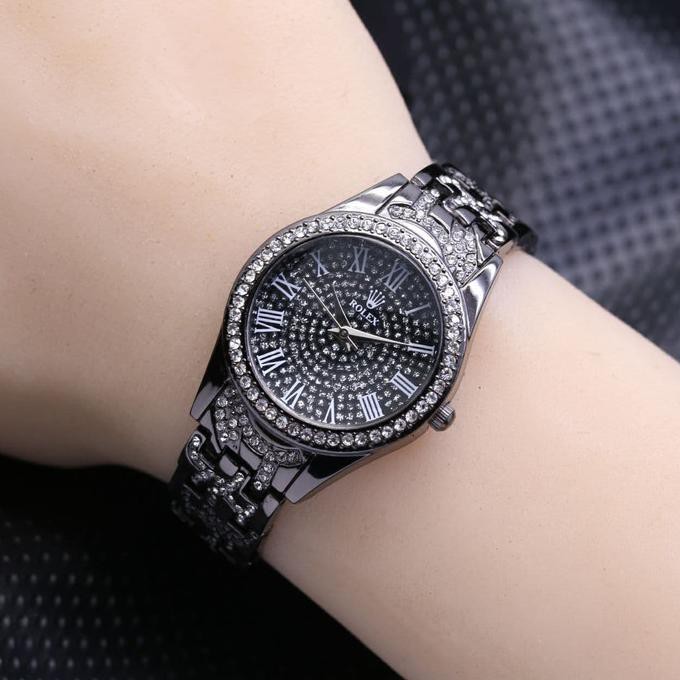 Jam Tangan Rolex Wanita Roman Rantai Mata - Full Hitam