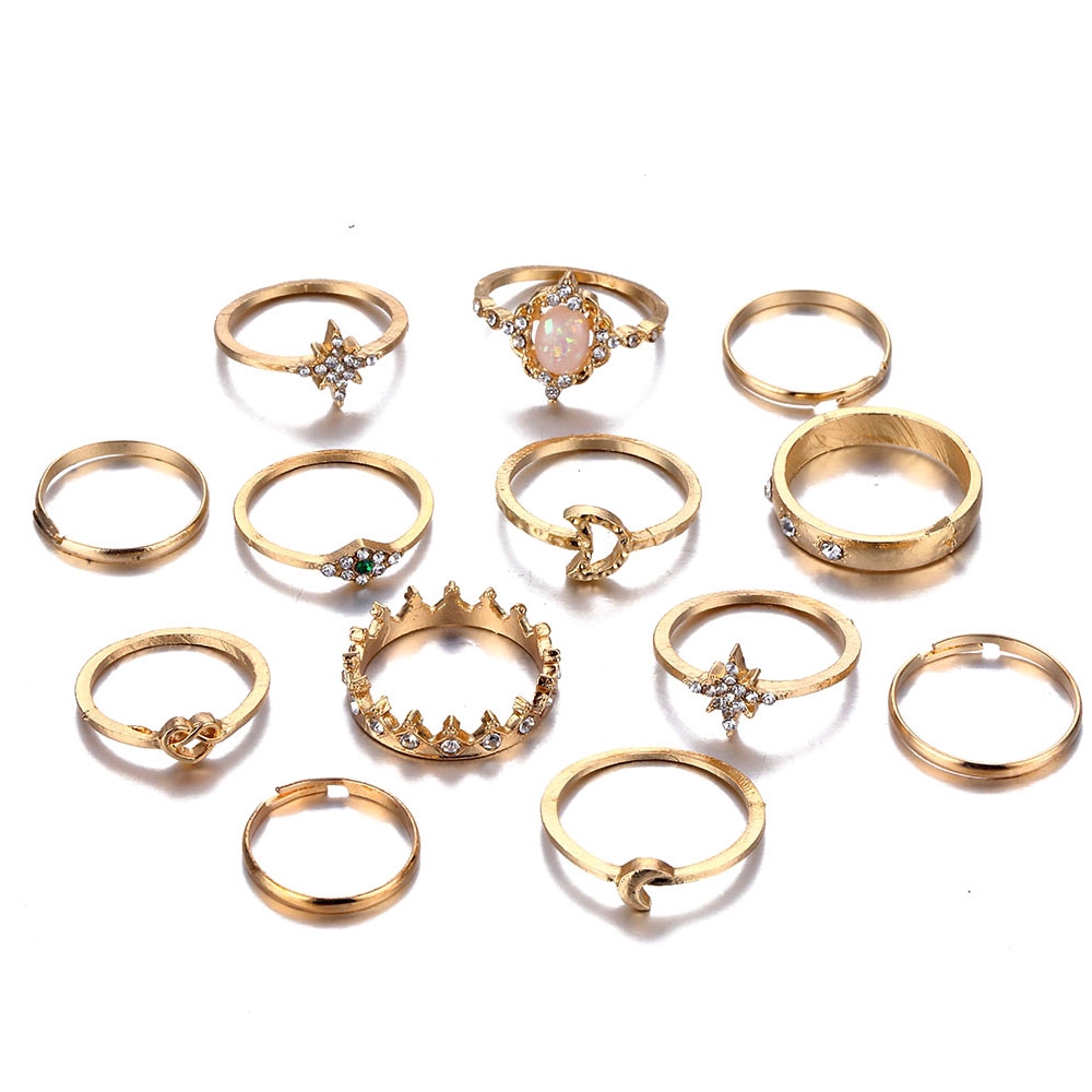 13pcs Set Cincin Vintage Bohemia Desain Bulan Mahkota Warna Emas Hias Kristal Untuk Wanita