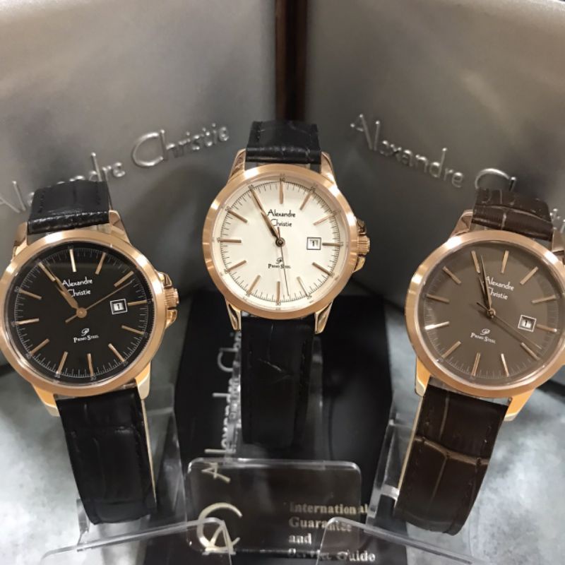 Jam Alexandre Christie AC 1008 LD LRG Wanita Rosegold Kulit Hitam Coklat Bulat