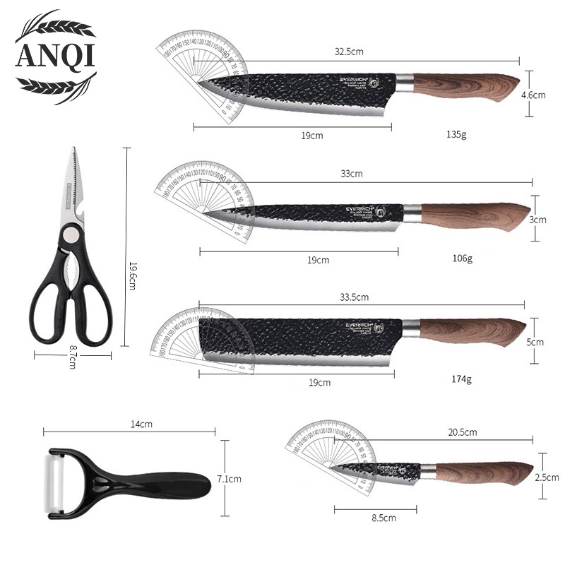 ANQI 1888 Black Marble Knife Set 6pcs / Tajam Pisau Set Pegangan Serat Kayu VS-1848