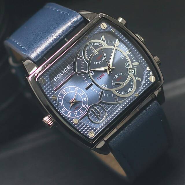jam tangan pria POLICE 1076SL Double Time free box & baterai cadangan