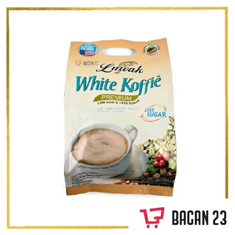 

Luwak White Coffee Less Sugar Premium (19pcs x 20gr) / Kopi Putih Bubuk Kemasan / Bacan 23 - Bacan23