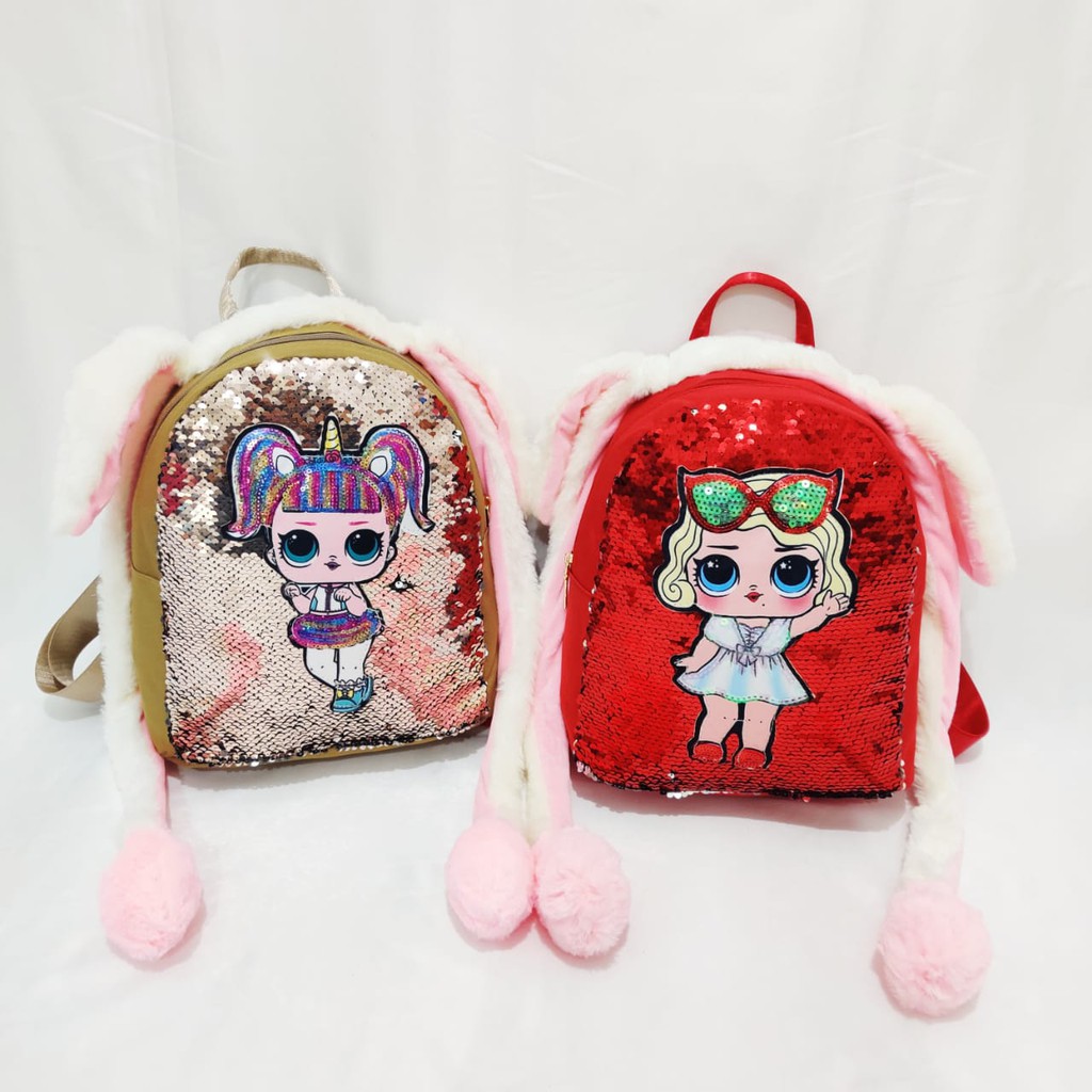  TAS  RANSEL SEQUIN USAP LED LOL BULU NYALA  TELINGA KELINCI 