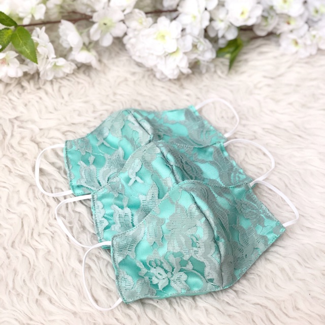Masker fashion 3ply non medis kain bisa di cuci lace brukat hijau mint toska earloop/ headloop hijab