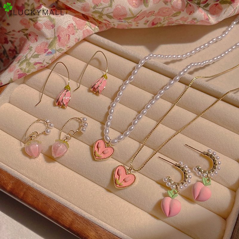 Anting Stud Kalung Mutiara Bentuk Babi Tulip Warna Pink Untuk Wanita