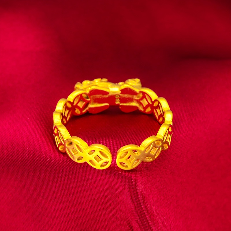 Goldkingdom Perhiasan Fashion 24K Bangkok Aksesoris Ready Stock Wanita Sandblasted Coin Pixiu Cincin Beruntung Lapis Emas Asli Kadar 375 Cincin Pria Dan Wanita