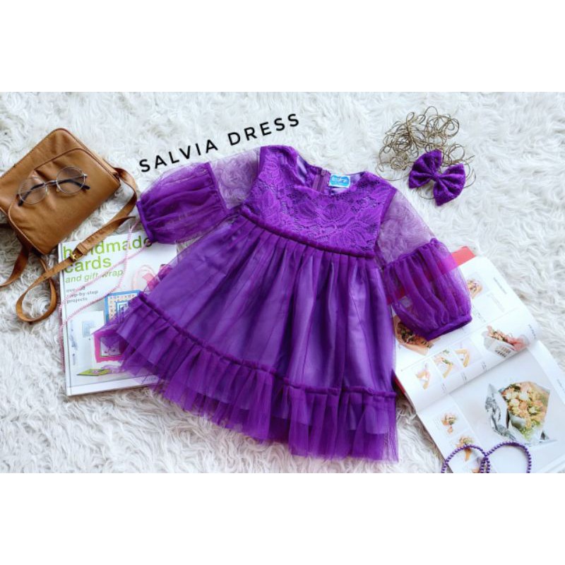 DRESS ANAK / BROKAT MIX TULLE/BAJU PESTA/DRESS ANAK &amp; DEWASA "' DRESS SALVIA "' WARNA UNGU TUA