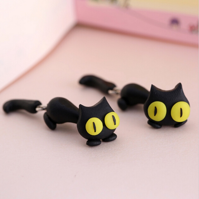 1 Pasang Anting Tusuk Bentuk Kucing Bahan Polymer Clay Untuk Wanita