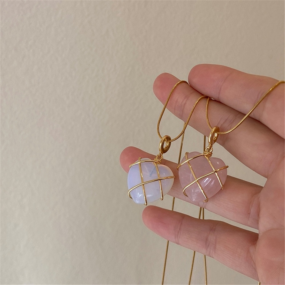 【COD Tangding】Barbie Kalung Rantai Dengan Liontin Kristal Opal Bentuk Hati Untuk Wanita