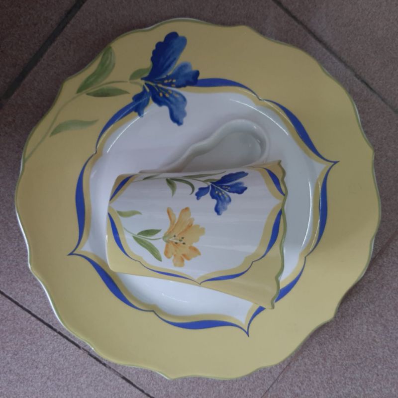 [SET ISI 2] YELLOW DINNER PLATE N MUG GELAS PIRING KERAMIK SANGO MOTIF BUNGA LILI LILY TULIP FLOWER 