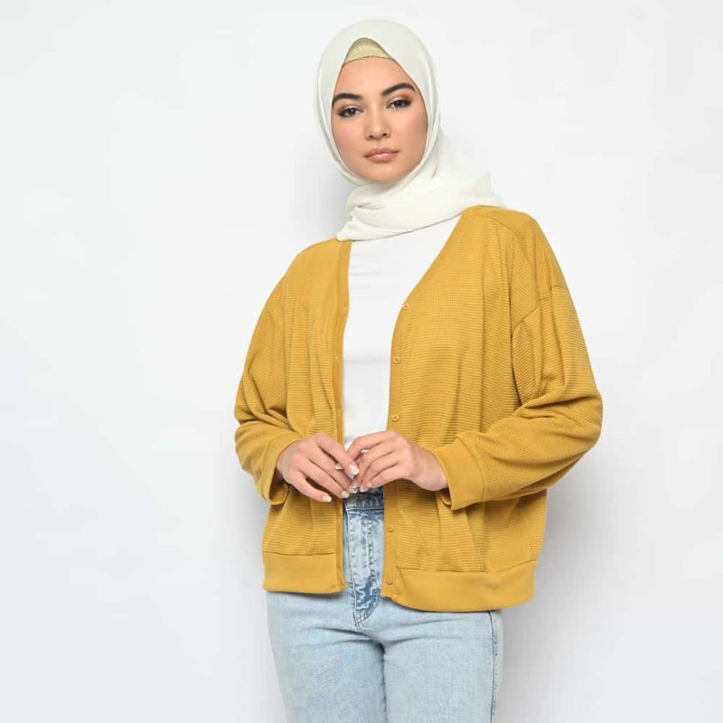Cardigan wanita Phenomenal branded I Outer I Cardi waffle I Cardy rajut I Kardigan halus premium-Yellow