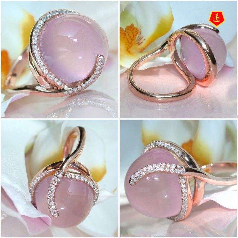 [Ready Stock]Pink Crystal Moonstone Diamond-Studded Ring Sweet and Elegant