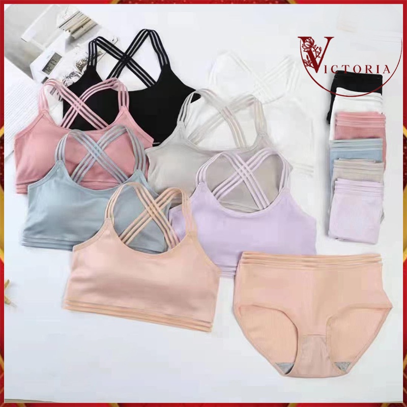 Victoria Bra Set Wanita Bahan Lembut Model Tali Silang 1058