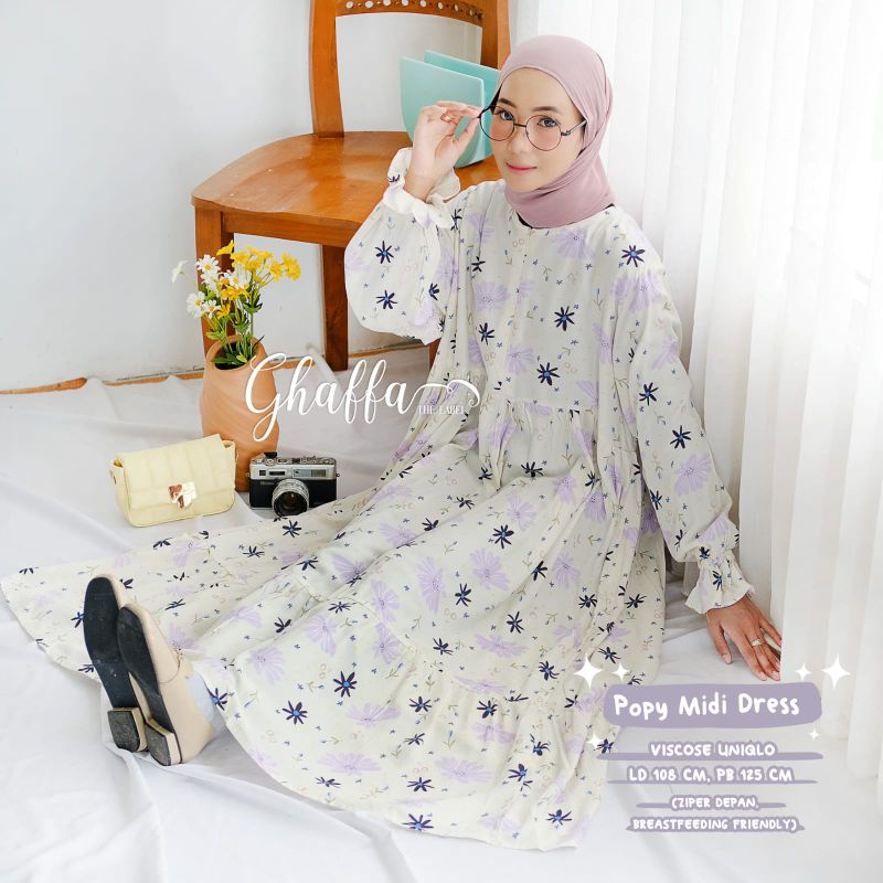 Popy midi dress motif bunga by ghaffa the label