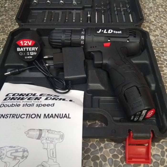 Mesin bor baterai cordless JLD 12 volt fullset bor tanpa kabel