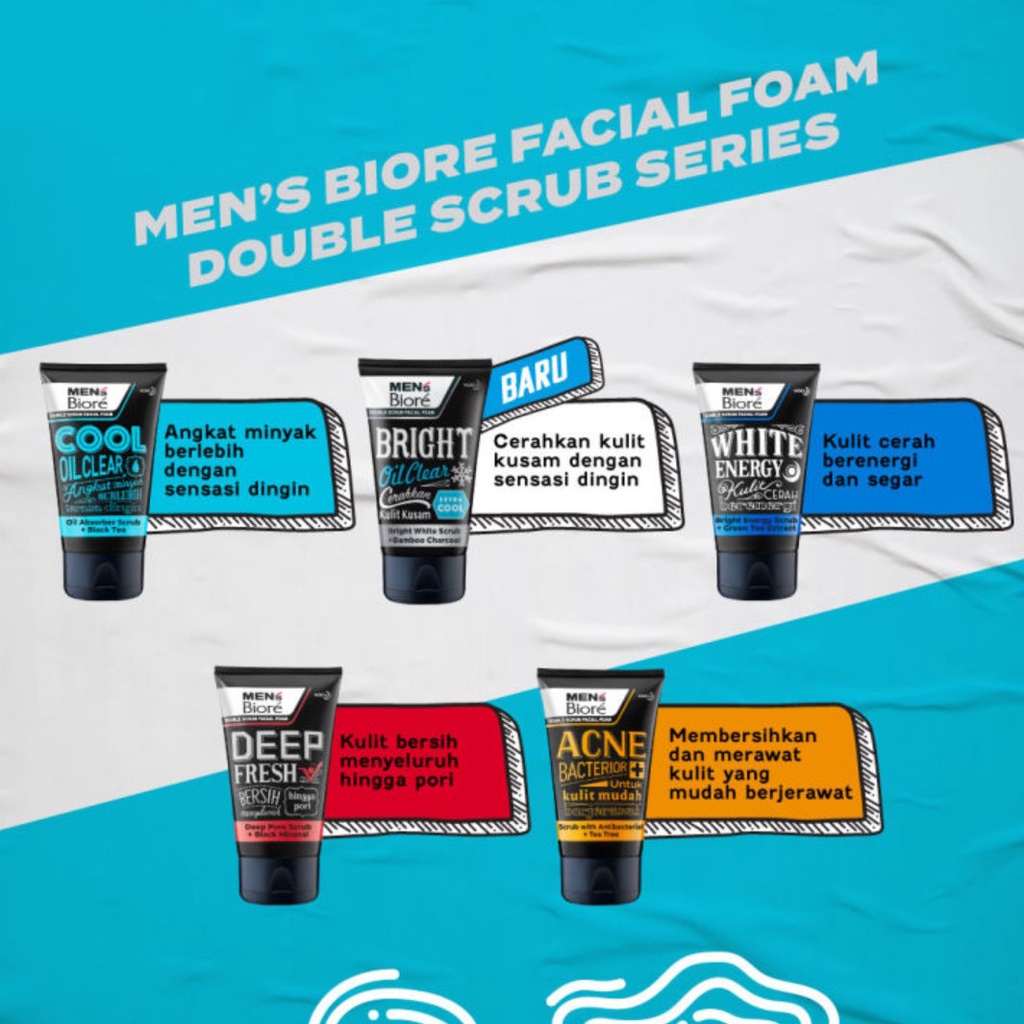 Biore Double Scrub Facial Foam White Energy |  Deep Fresh | Cool Oil Clear | Bright Oil Clear | Acne-Bacterior 100g