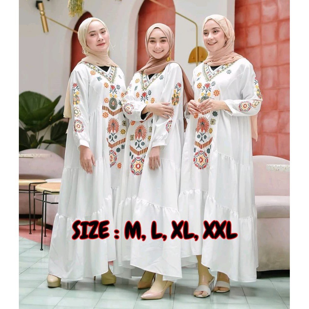 baju gamis wanita dress muslim terbaru Ramadhani Ramadani Dress Gamis Putih Bordir L-XXXL Jumbo Gam 