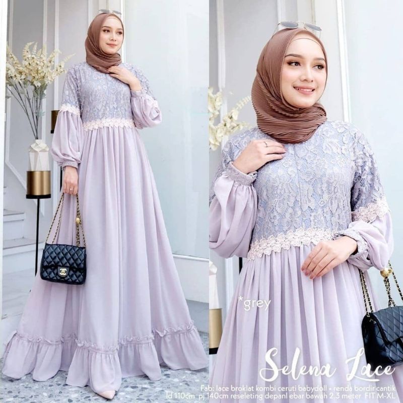 Gamis Brukat Terbaru Lebaran 2022 Bahan Ceruty Babydoll Selena Lace Dress Muslim Kondangan/Baju Gami