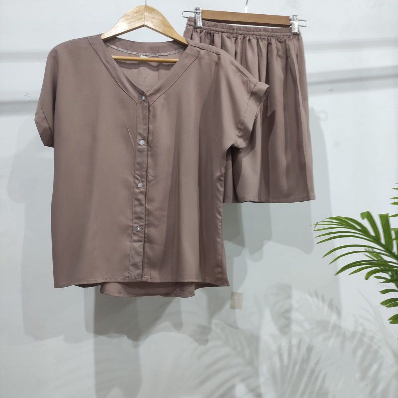 PIYAMA KANCING PENDEK | PIYAMA RAYON | BAJU TIDUR RAYON-VN CAPPUCINO