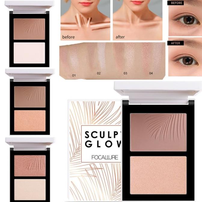 FOCALLURE Powder Countour &amp; Highlight Pallete Duo Series Hasil Akhir Alami Menyempurnakan Pipi yang Berkontur