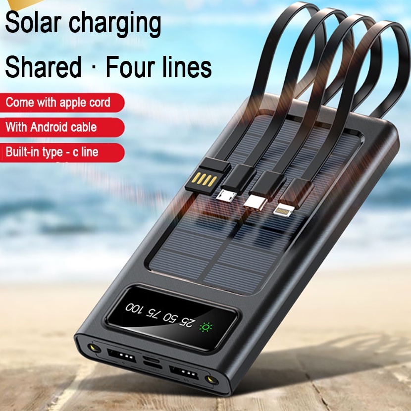 Power Bank 20000mAh Tenaga surya matahari Solar panel 2 Port Micro Lightning Type C Build in cable Solar Power Bank 20000mAh With Its Own Charging Cable Outdoor Powerbank External Battery Portable Charger Auxiliary Battery