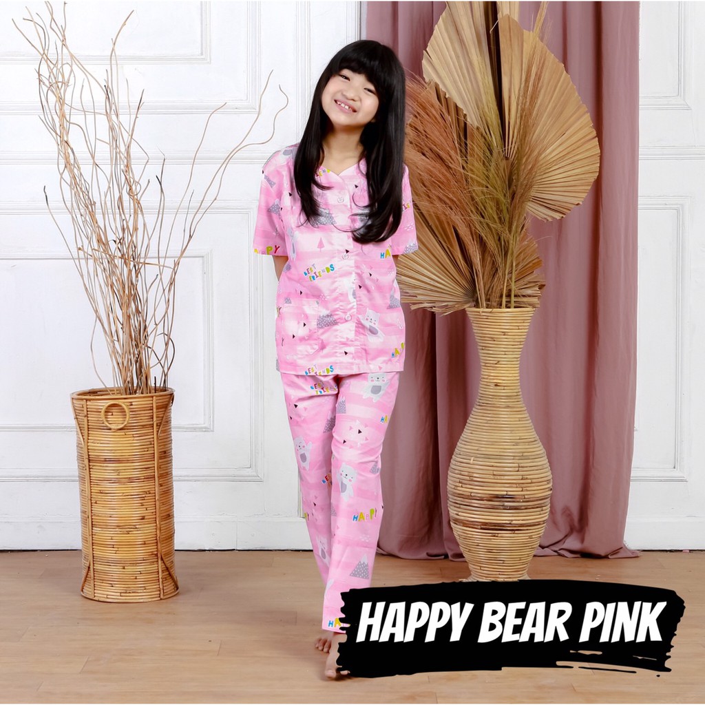 Keena - Setelan Baju Tidur Anak Perempuan Happy Bear Pink One Set Piyama Katun Motif Karakter