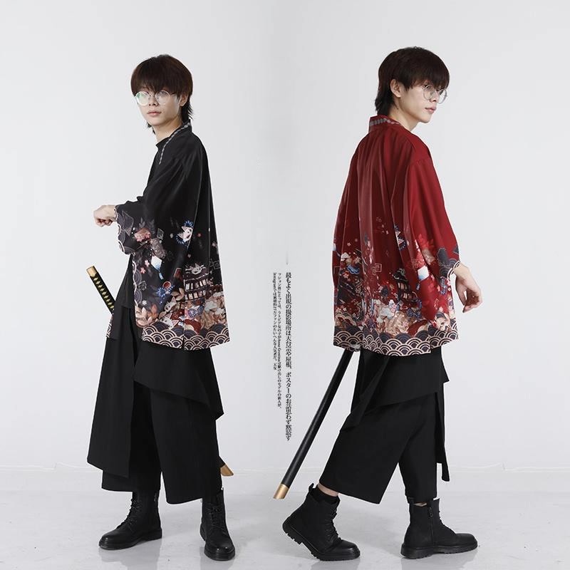 Anime Street Cardigan Jepang Harajuku Kimono Longgar Warna Pria Hitam Hijau Merah Pakaian 2023