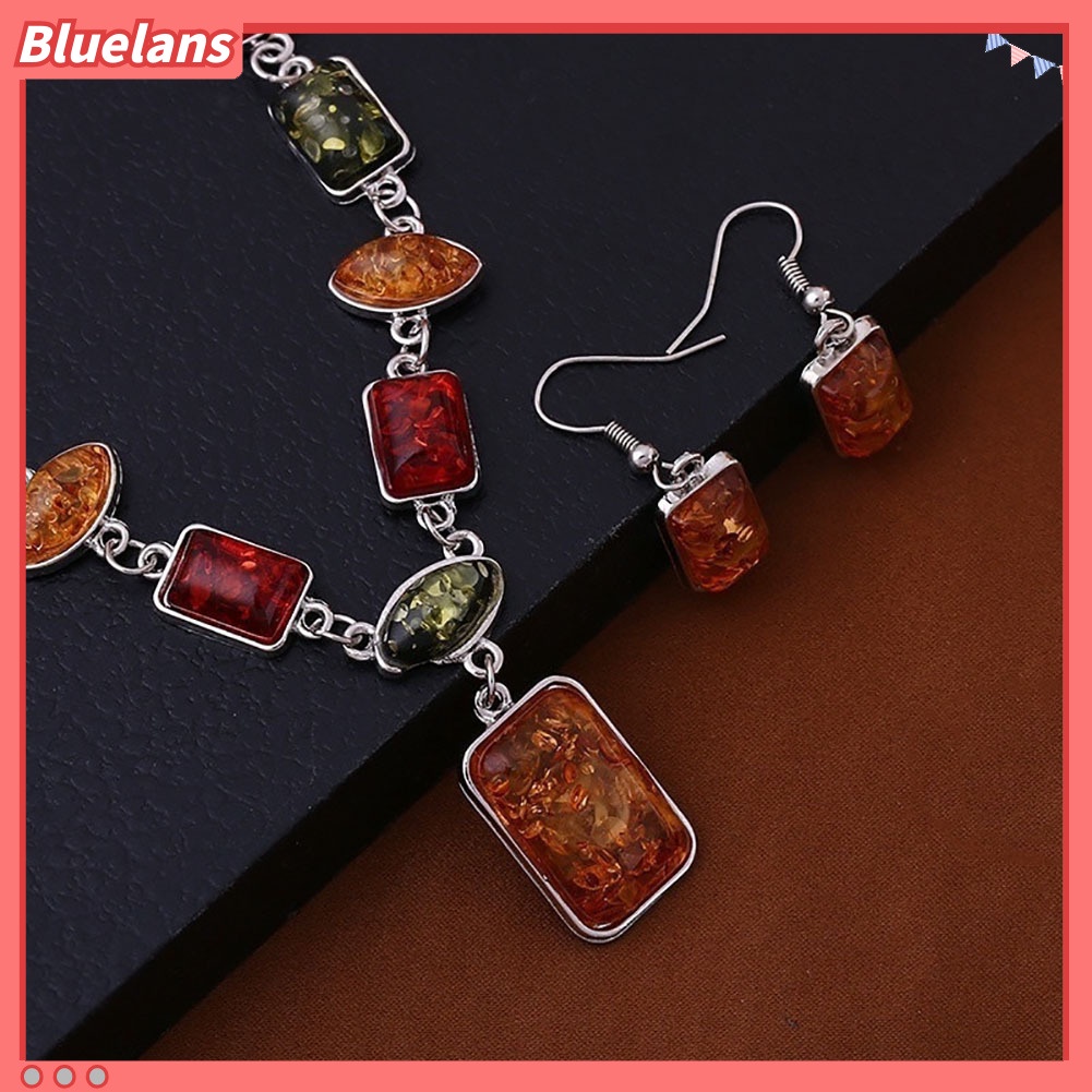 Bluelans Square Oval Amber African Style Women Necklace Hook Earrings Party Jewelry Set