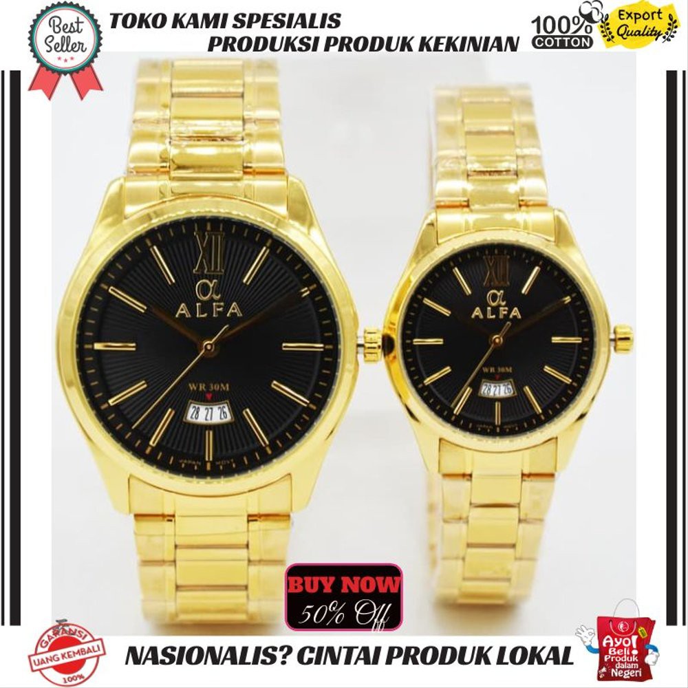 PROMO JAM TANGAN ALFA PRIA WANITA COUPLE AL8159LG Original Rantai Gold plat Hitam Diskon