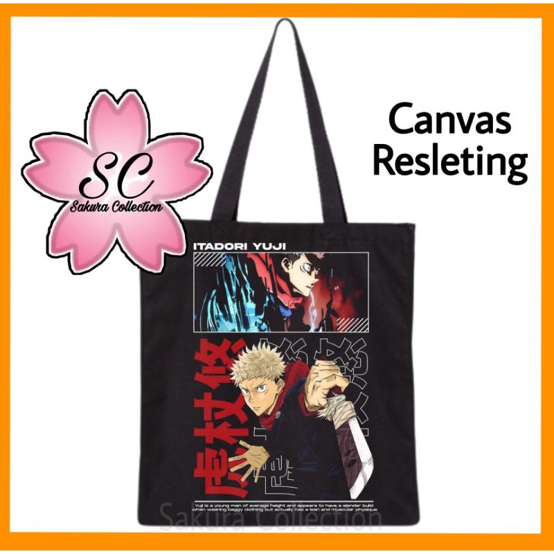 Tote bag Anime Jujutsu Kaisen Itadori Yuji Otaku Jepang totebag resleting / canvas / tas jinjing hitam polos / tas ngaji / tas sekolah/ tas kuliah / tas laptop / tas main / tas belanja