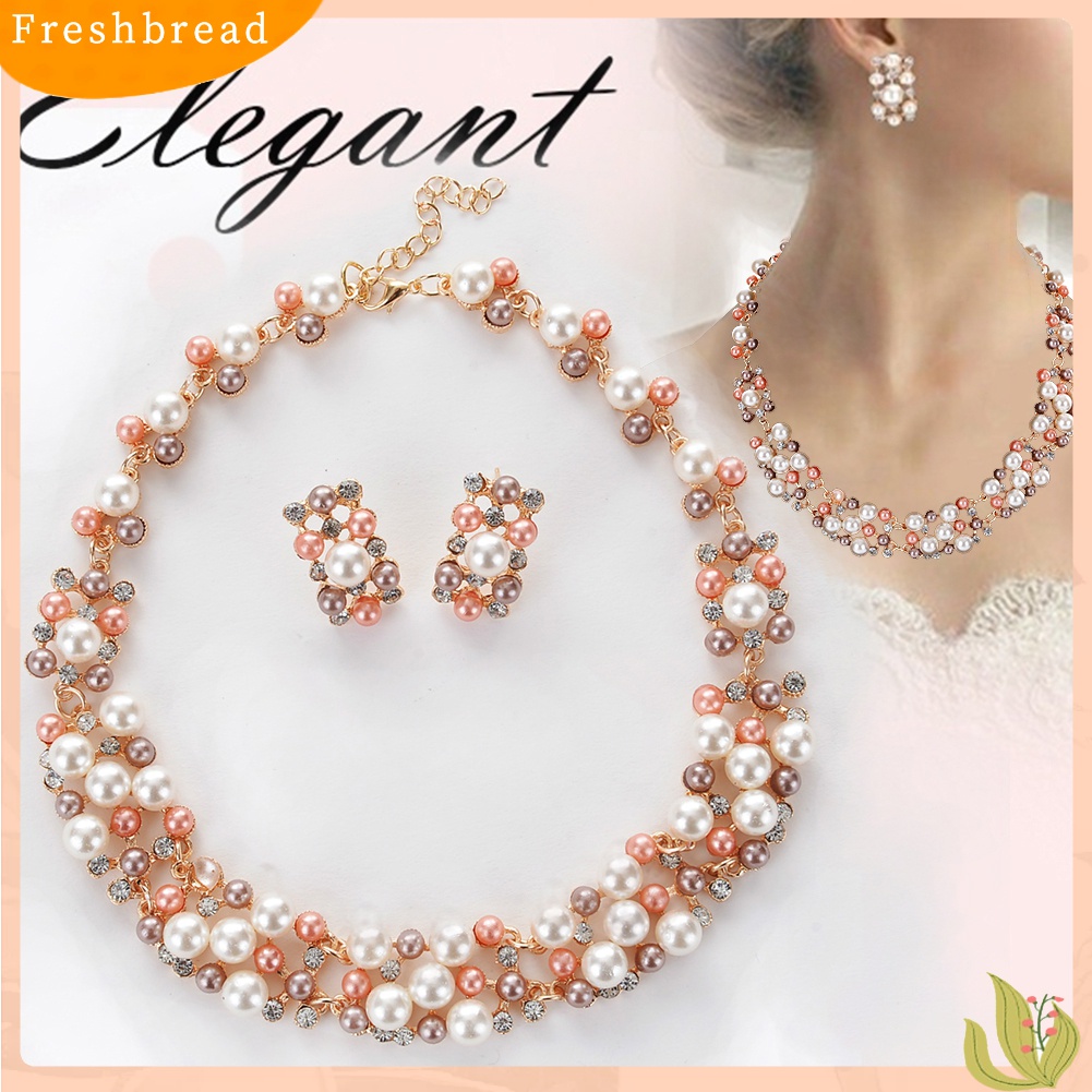 Terlaris 2Pcs Women Fashion Faux Pearl Rhinestone Inlaid Necklace Earrings Jewelry Set