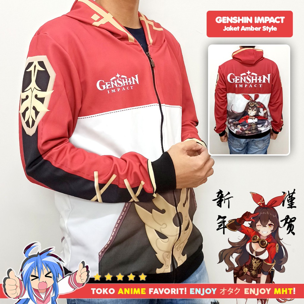 Jaket Hoodie Anime Game Full Print Genshin Impact Amber Style