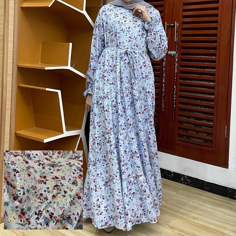 [SIZE STANDAR VOL 1] Floral dress maxi dress panjang gaun casual bunga wanita-Sky blue 3 ruffle