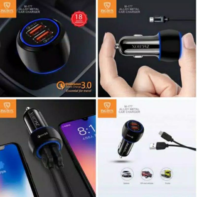 Car Charger ZAGBOX 36Watt Dual Usb Quick Charger 3.0 Metal Body (M-177)