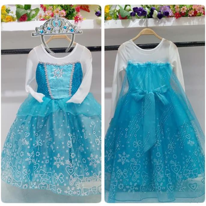 Baju Anak Dress Kostum Frozen Elsa Rok Motif (10) + Bando Mahkota Elsa - Size 12