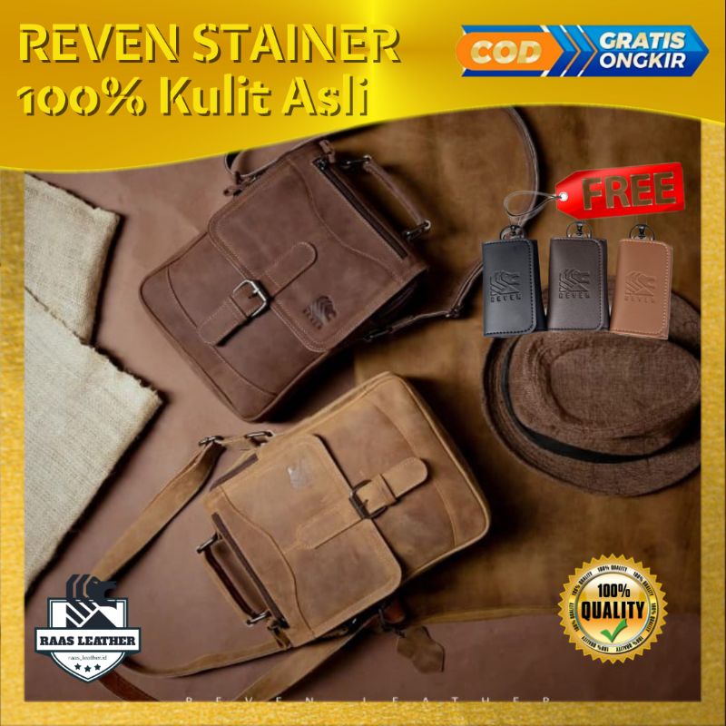 Tas Selempang Pria Tas Kuliah Kerja Pria Cowok Reven Stainer Kulit Sapi Asli Branded Original