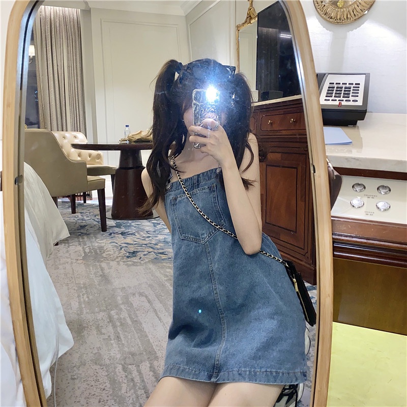 #Sisjuly# Wanita denim suspender dress wanita musim semi dan musim panas gaya barat mengurangi usia